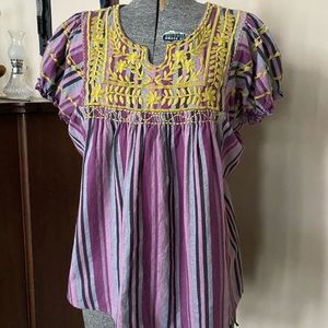 Gorgeous SISTER MARY Embroidered BoHo Western Style Stripes Top